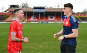 29 November 2023; Shelbourne FC new signings Dean Williams, left, and Lorcan Healy pose for a portrait at Tolka Park in Dublin. Photo by Tyler Miller/Sportsfile
