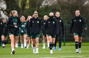 28 November 2023; Players, from left, Hayley Nolan, Jamie Finn, Denise O'Sullivan and Saoirse Noonan during a Republic of Ireland women training session at the FAI National Training Centre in Abbotstown, Dublin. Photo by Stephen McCarthy/Sportsfile