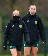 28 November 2023; Denise O'Sullivan and Saoirse Noonan, right, during a Republic of Ireland women training session at the FAI National Training Centre in Abbotstown, Dublin. Photo by Stephen McCarthy/Sportsfile