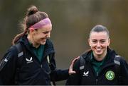 28 November 2023; Caitlin Hayes, left, and Abbie Larkin during a Republic of Ireland women training session at the FAI National Training Centre in Abbotstown, Dublin. Photo by Stephen McCarthy/Sportsfile