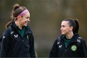28 November 2023; Caitlin Hayes, left, and Abbie Larkin during a Republic of Ireland women training session at the FAI National Training Centre in Abbotstown, Dublin. Photo by Stephen McCarthy/Sportsfile