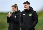 28 November 2023; Equipment officer Jess Turner and social media coordinator Emma Clinton, left, during a Republic of Ireland women training session at the FAI National Training Centre in Abbotstown, Dublin. Photo by Stephen McCarthy/Sportsfile