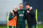28 November 2023; Players, from left, Denise O'Sullivan, Katie McCabe and Grace Moloney during a Republic of Ireland women training session at the FAI National Training Centre in Abbotstown, Dublin. Photo by Stephen McCarthy/Sportsfile
