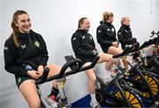 28 November 2023; Players, from left, Ellen Dolan, Freya Healy, Erin McLaughlin and Denise O'Sullivan during a Republic of Ireland women gym and prehab session at the National Indoor Arena on the Sport Ireland Campus in Dublin. Photo by Stephen McCarthy/Sportsfile