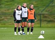 28 November 2023; Players, from left, Freya Healy, Saoirse Noonan and Tyler Toland during a Republic of Ireland women training session at the FAI National Training Centre in Abbotstown, Dublin. Photo by Stephen McCarthy/Sportsfile