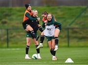 28 November 2023; Players, from right, Erin McLaughlin, Tyler Toland, Louise Quinn and Ruesha Littlejohn during a Republic of Ireland women training session at the FAI National Training Centre in Abbotstown, Dublin. Photo by Stephen McCarthy/Sportsfile