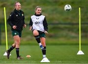 28 November 2023; Saoirse Noonan and Caitlin Hayes, left, during a Republic of Ireland women training session at the FAI National Training Centre in Abbotstown, Dublin. Photo by Stephen McCarthy/Sportsfile