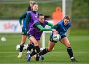 28 November 2023; Ellen Dolan, right, and Abbie Larkin during a Republic of Ireland women training session at the FAI National Training Centre in Abbotstown, Dublin. Photo by Stephen McCarthy/Sportsfile
