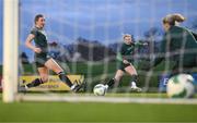 28 November 2023; Freya Healy scores past goalkeeper Sophie Whitehouse as Ellen Dolan watches on during a Republic of Ireland women training session at the FAI National Training Centre in Abbotstown, Dublin. Photo by Stephen McCarthy/Sportsfile