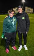 28 November 2023; Republic of Ireland's Katie McCabe with Ali O'Connor of the Ireland women's cerebral palsy team, who were recently crowned champions of the International Federation of CP Football Nations League for 2023, at the FAI National Training Centre in Abbotstown, Dublin. Photo by Stephen McCarthy/Sportsfile