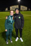 28 November 2023; Republic of Ireland's Katie McCabe with Reeva Merriman of the Ireland women's cerebral palsy team, who were recently crowned champions of the International Federation of CP Football Nations League for 2023, at the FAI National Training Centre in Abbotstown, Dublin. Photo by Stephen McCarthy/Sportsfile