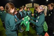28 November 2023; Republic of Ireland's Denise O'Sullivan with members of the Ireland women's cerebral palsy team, who were recently crowned champions of the International Federation of CP Football Nations League for 2023, at the FAI National Training Centre in Abbotstown, Dublin. Photo by Stephen McCarthy/Sportsfile