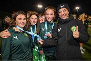 28 November 2023; Republic of Ireland's Katie McCabe with, from left, Eva Walsh, Ella Sherlock, Ali O’Connor and Robyn Ennis; members of the Ireland women's cerebral palsy team, who were recently crowned champions of the International Federation of CP Football Nations League for 2023, at the FAI National Training Centre in Abbotstown, Dublin. Photo by Stephen McCarthy/Sportsfile