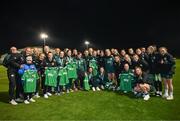 28 November 2023; Republic of Ireland women pose for a photograph with members of the Ireland women's cerebral palsy team, who were recently crowned champions of the International Federation of CP Football Nations League for 2023, at the FAI National Training Centre in Abbotstown, Dublin. Photo by Stephen McCarthy/Sportsfile