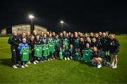 28 November 2023; Republic of Ireland women pose for a photograph with members of the Ireland women's cerebral palsy team, who were recently crowned champions of the International Federation of CP Football Nations League for 2023, at the FAI National Training Centre in Abbotstown, Dublin. Photo by Stephen McCarthy/Sportsfile