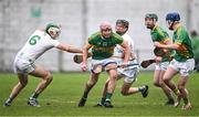 25 November 2023; Peter Geraghty of Kilcormac-Killoughey in action against Paddy Deegan of O'Loughlin Gaels during the AIB Leinster GAA Hurling Senior Club Championship semi-final match between Kilcormac-Killoughey, Offaly, and O'Loughlin Gaels, Kilkenny, at Glenisk O'Connor Park in Tullamore, Offaly. Photo by Piaras Ó Mídheach/Sportsfile