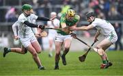 25 November 2023; Damien Kilmartin of Kilcormac-Killoughey in action against Luke Hogan, left, and Conor Kelly of O'Loughlin Gaels during the AIB Leinster GAA Hurling Senior Club Championship semi-final match between Kilcormac-Killoughey, Offaly, and O'Loughlin Gaels, Kilkenny, at Glenisk O'Connor Park in Tullamore, Offaly. Photo by Piaras Ó Mídheach/Sportsfile