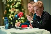 30 November 2023; Interim head coach Eileen Gleeson and Kyra Carusa, left, during a Republic of Ireland women press conference at their team hotel in Castleknock, Dublin. Photo by Stephen McCarthy/Sportsfile