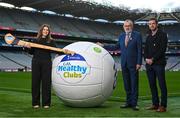 30 November 2023; Movember partners with the GAA and the GPA to launch the ‘Movember Ahead of the Game’ campaign at Croke Park in Dublin. In attendance Uachtarán Chumann Lúthchleas Gael Larry McCarthy, centre, with Gaelic Players Association chief executive Tom Parsons and Ireland Country Manager of Movember Sarah Oulette. Photo by David Fitzgerald/Sportsfile