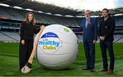 30 November 2023; Movember partners with the GAA and the GPA to launch the ‘Movember Ahead of the Game’ campaign at Croke Park in Dublin. In attendance Uachtarán Chumann Lúthchleas Gael Larry McCarthy, centre, with Gaelic Players Association chief executive Tom Parsons and Ireland Country Manager of Movember Sarah Oulette. Photo by David Fitzgerald/Sportsfile