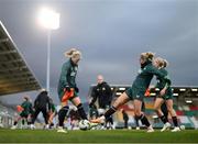30 November 2023; Diane Caldwell, left, and Erin McLaughlin during a Republic of Ireland women training session at Tallaght Stadium in Dublin. Photo by Stephen McCarthy/Sportsfile