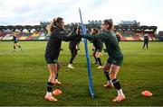 30 November 2023; Jamie Finn, left, and Chloe Mustaki during a Republic of Ireland women training session at Tallaght Stadium in Dublin. Photo by Stephen McCarthy/Sportsfile