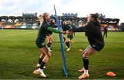 30 November 2023; Denise O'Sullivan and Heather Payne, right, during a Republic of Ireland women training session at Tallaght Stadium in Dublin. Photo by Stephen McCarthy/Sportsfile