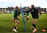30 November 2023; Denise O'Sullivan and Heather Payne, right, during a Republic of Ireland women training session at Tallaght Stadium in Dublin. Photo by Stephen McCarthy/Sportsfile