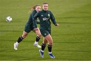 30 November 2023; Saoirse Noonan and Freya Healy, left, during a Republic of Ireland women training session at Tallaght Stadium in Dublin. Photo by Stephen McCarthy/Sportsfile
