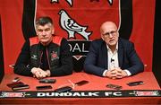 1 December 2023; New Dundalk owner Brian Ainscough, left, and Dundalk chief operating officer Martin Connolly during Dundalk FC press conference at Youth Development Centre in Oriel Park, Dundalk. Photo by Ben McShane/Sportsfile