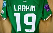1 December 2023; The jersey of Abbie Larkin of Republic of Ireland hangs in their dressing room before the UEFA Women's Nations League B match between Republic of Ireland and Hungary at Tallaght Stadium in Dublin. Photo by Ben McShane/Sportsfile
