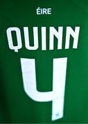 1 December 2023; The jersey of Louise Quinn of Republic of Ireland hangs in their dressing room before the UEFA Women's Nations League B match between Republic of Ireland and Hungary at Tallaght Stadium in Dublin. Photo by Ben McShane/Sportsfile