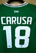 1 December 2023; The jersey of Kyra Carusa of Republic of Ireland hangs in their dressing room before the UEFA Women's Nations League B match between Republic of Ireland and Hungary at Tallaght Stadium in Dublin. Photo by Ben McShane/Sportsfile