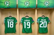 1 December 2023; The jerseys of, from left, Kyra Carusa, Abbie Larkin, and Ellen Dolan of Republic of Ireland hang in their dressing room before the UEFA Women's Nations League B match between Republic of Ireland and Hungary at Tallaght Stadium in Dublin. Photo by Ben McShane/Sportsfile