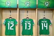 1 December 2023; The jerseys of, from left, Tyler Toland, Hayley Nolan, and Heather Payne of Republic of Ireland hang in their dressing room before the UEFA Women's Nations League B match between Republic of Ireland and Hungary at Tallaght Stadium in Dublin. Photo by Ben McShane/Sportsfile