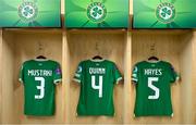 1 December 2023; The jerseys of, from left, Chloe Mustaki, Louise Quinn, and Caitlin Hayes of Republic of Ireland hang in their dressing room before the UEFA Women's Nations League B match between Republic of Ireland and Hungary at Tallaght Stadium in Dublin. Photo by Ben McShane/Sportsfile