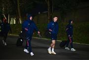 1 December 2023; Brian Gleeson of Munster, left, arrives with teammates before the United Rugby Championship match between Munster and Glasgow Warriors at Musgrave Park in Cork. Photo by Eóin Noonan/Sportsfile