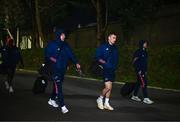 1 December 2023; Brian Gleeson of Munster, left, arrives with teammates before the United Rugby Championship match between Munster and Glasgow Warriors at Musgrave Park in Cork. Photo by Eóin Noonan/Sportsfile