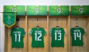 1 December 2023; The jerseys of, from left, Katie McCabe, Tyler Toland, Hayley Nolan, and Heather Payne of Republic of Ireland hang in their dressing room before the UEFA Women's Nations League B match between Republic of Ireland and Hungary at Tallaght Stadium in Dublin. Photo by Ben McShane/Sportsfile