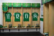 1 December 2023; The jerseys of, from left, Katie McCabe, Tyler Toland, Hayley Nolan, and Heather Payne of Republic of Ireland hang in their dressing room before the UEFA Women's Nations League B match between Republic of Ireland and Hungary at Tallaght Stadium in Dublin. Photo by Ben McShane/Sportsfile