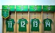 1 December 2023; The jerseys of, from left, Katie McCabe, Tyler Toland, Hayley Nolan, and Heather Payne of Republic of Ireland hang in their dressing room before the UEFA Women's Nations League B match between Republic of Ireland and Hungary at Tallaght Stadium in Dublin. Photo by Ben McShane/Sportsfile