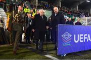 1 December 2023; President of Ireland Michael D Higgins, centre, and FAI President Gerry McAnaney, right, before the UEFA Women's Nations League B match between Republic of Ireland and Hungary at Tallaght Stadium in Dublin. Photo by Ben McShane/Sportsfile