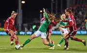 1 December 2023; Kyra Carusa of Republic of Ireland in action against Hungary players, from left, Luca Papp, Diána Németh, and Hanna Németh during the UEFA Women's Nations League B match between Republic of Ireland and Hungary at Tallaght Stadium in Dublin. Photo by Ben McShane/Sportsfile