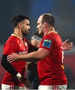 1 December 2023; Oli Jager of Munster with teammate Conor Murray after the United Rugby Championship match between Munster and Glasgow Warriors at Musgrave Park in Cork. Photo by Eóin Noonan/Sportsfile