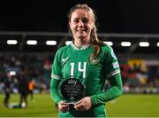 1 December 2023; Heather Payne of Republic of Ireland with her Player of the Match award after the UEFA Women's Nations League B match between Republic of Ireland and Hungary at Tallaght Stadium in Dublin. Photo by Seb Daly/Sportsfile