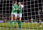 1 December 2023; Caitlin Hayes of Republic of Ireland, left, and team-mate Louise Quinn react during the UEFA Women's Nations League B match between Republic of Ireland and Hungary at Tallaght Stadium in Dublin. Photo by Seb Daly/Sportsfile