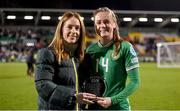 1 December 2023; Heather Payne of Republic of Ireland is presented with her Player of the Match award by Sky Director of Marketing & Brand Caroline Donnellan after the UEFA Women's Nations League B match between Republic of Ireland and Hungary at Tallaght Stadium in Dublin. Photo by Seb Daly/Sportsfile