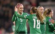 1 December 2023; Republic of Ireland players Caitlin Hayes, left, and Kyra Carusa celebrate their side's first goal during the UEFA Women's Nations League B match between Republic of Ireland and Hungary at Tallaght Stadium in Dublin. Photo by Seb Daly/Sportsfile