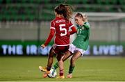 1 December 2023; Jamie Finn of Republic of Ireland in action against Diána Németh of Hungary during the UEFA Women's Nations League B match between Republic of Ireland and Hungary at Tallaght Stadium in Dublin. Photo by Seb Daly/Sportsfile
