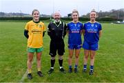 2 December 2023; Referee Gus Chapman with Ballinamore Sean O'Heslins captain Grainne Prior, left, and Steelstown Brian Ogs joint-captains Aoife Mc Gough, 3, and Ciara Mc Gurk before the Currentaccount.ie All-Ireland Ladies Intermediate Club Championship semi-final match between Ballinamore Sean O’Heslins of Leitrim and Steelstown Brian Ógs of Derry at Páirc Sheáin Ui Eislin, Ballinamore, Leitrim. Photo by Ben McShane/Sportsfile